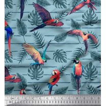 Soimoi Blue Silk Fabric Tropical Leaves & Bird Printed Fabric 1 Yard 44 Inch Wide