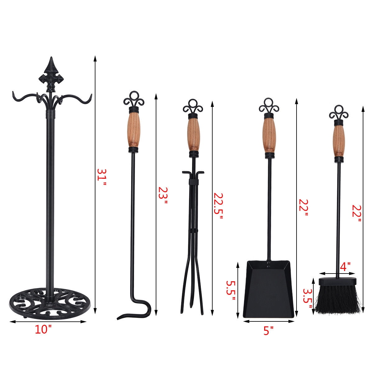Costway 5 Pieces Iron Fireplace Tools Set Stand Hearth Accessories