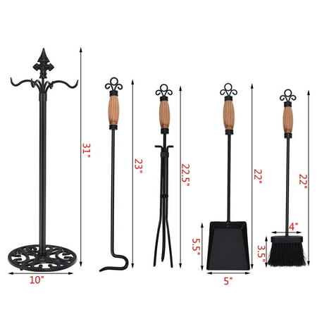 Costway 5 Pieces Iron Fireplace Tools Set Stand Hearth Accessories