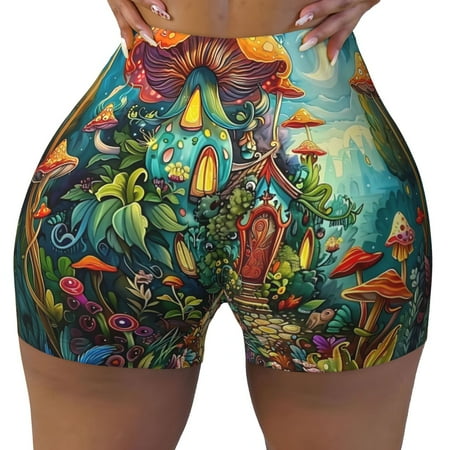 Workout Shorts Women  Color Mushroom Cottage Biker Shorts for Women Running Gym Spandex Shorts Tummy Control