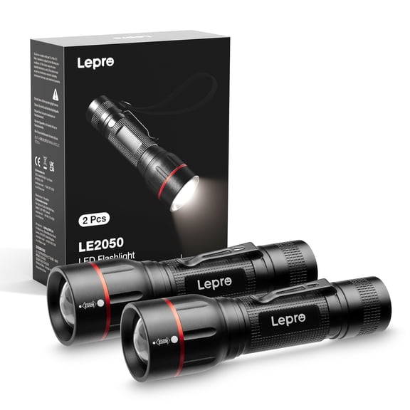 Lepro 2-Packs LED Flashlights with Clip , LE2050 High Lumen, 5 Lighting Modes, Zoomable Waterproof Lightweight Flashlights for Emergencies,Camping,AAA Battery included