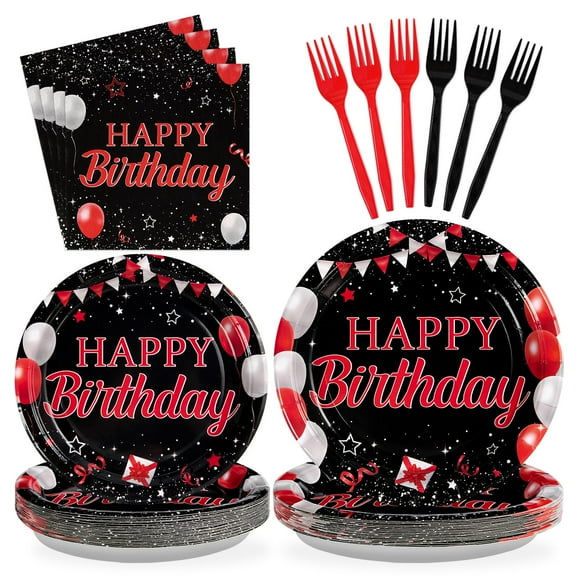 Grencian 96Pcs Red and Black Birthday AFN1Decorations Red Black Party Plates and Napkins Disposable Paper Tableware Set for Men Woman Happy Birthday Graduation Party Supplies, Serves 24