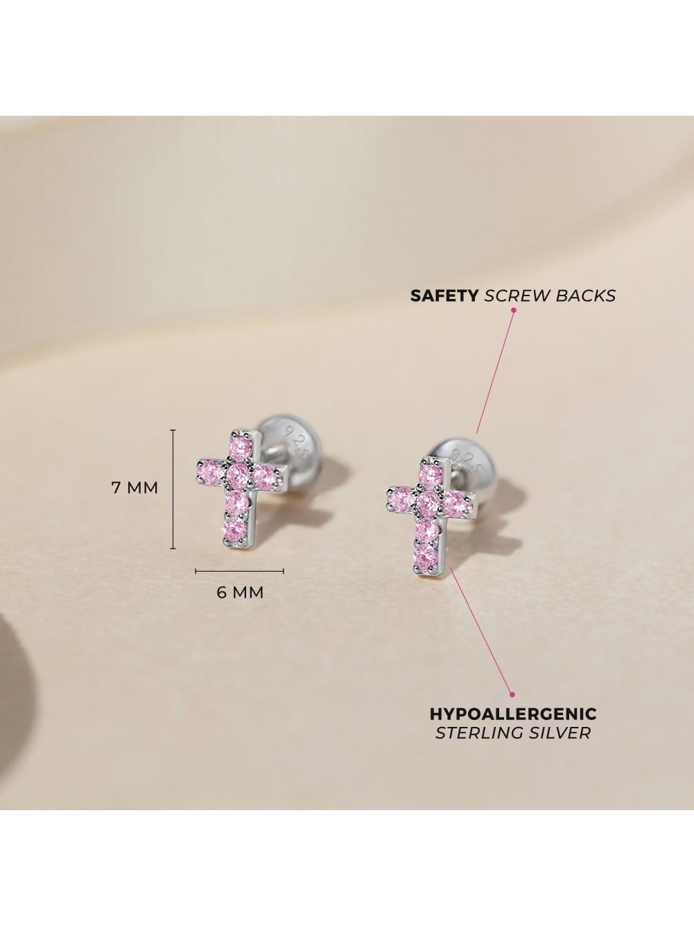 925 Sterling Silver Cubic Zirconia Cross Toddler Earrings with Safety Screw Back