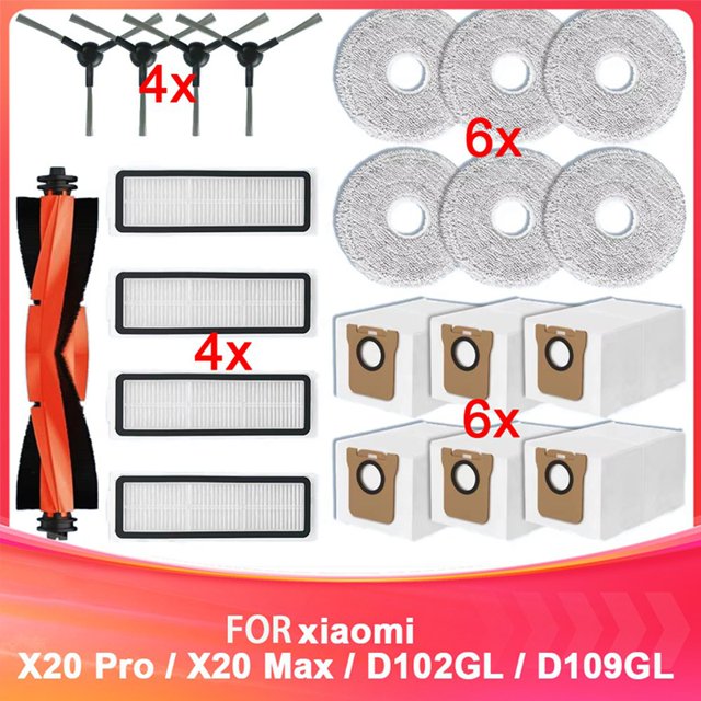 Para Robot Vacuum X20 Pro / X20 Max / D102GL / D109GL Repuestos Cepillo Lateral Principal Filtro HEPA Almohadilla de Fregona Bolsa para Polvo