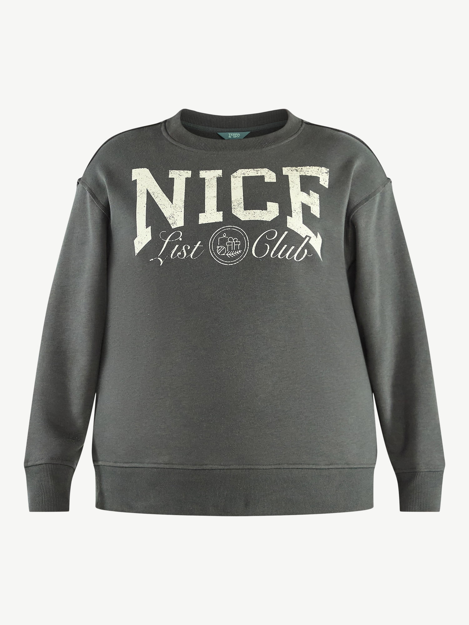 Terra & Sky Women's Plus Size Grey Nice List Club Graphic Sweatshirt with Long Sleeves, Sizes 0X-5X
