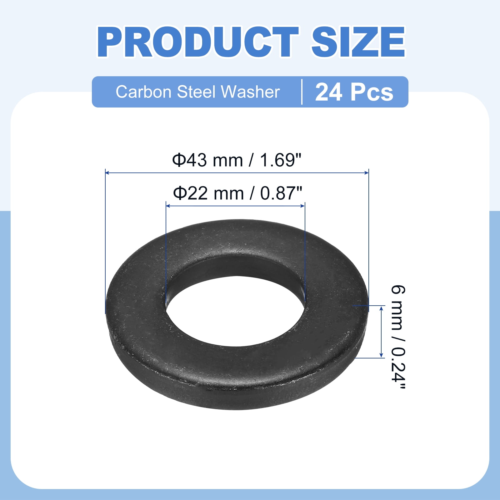 Uxcell 24pcs 7/8" Black Flat Washer for M22 Screw, Steel Metal Washers 22mm ID 43mm OD 6mm l for Industrial, Screws Bolts