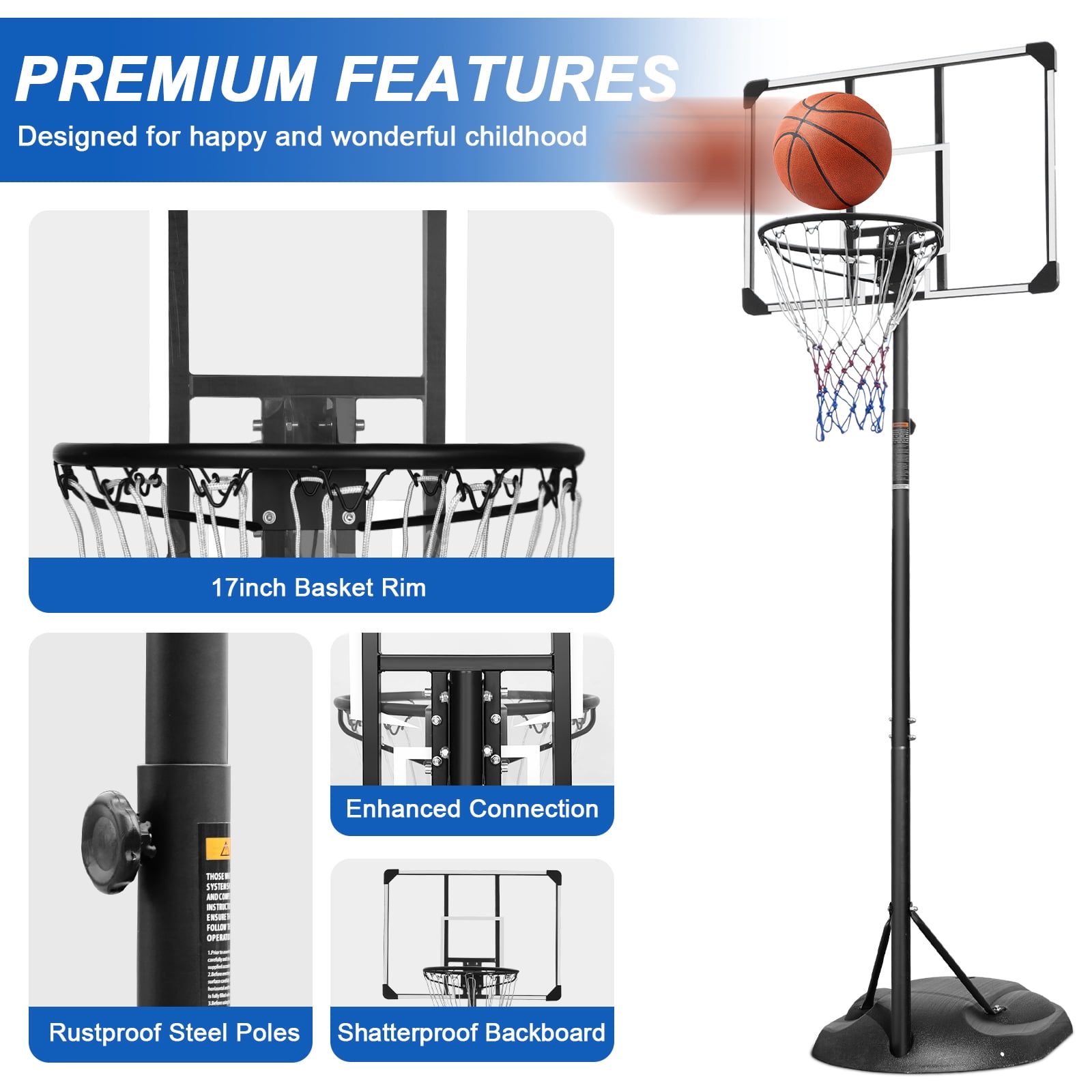 Alvantor Portable Basketball System Height Adjustable 7.5ft - 9.2ft with Wheels for Outdoor/Indoor White