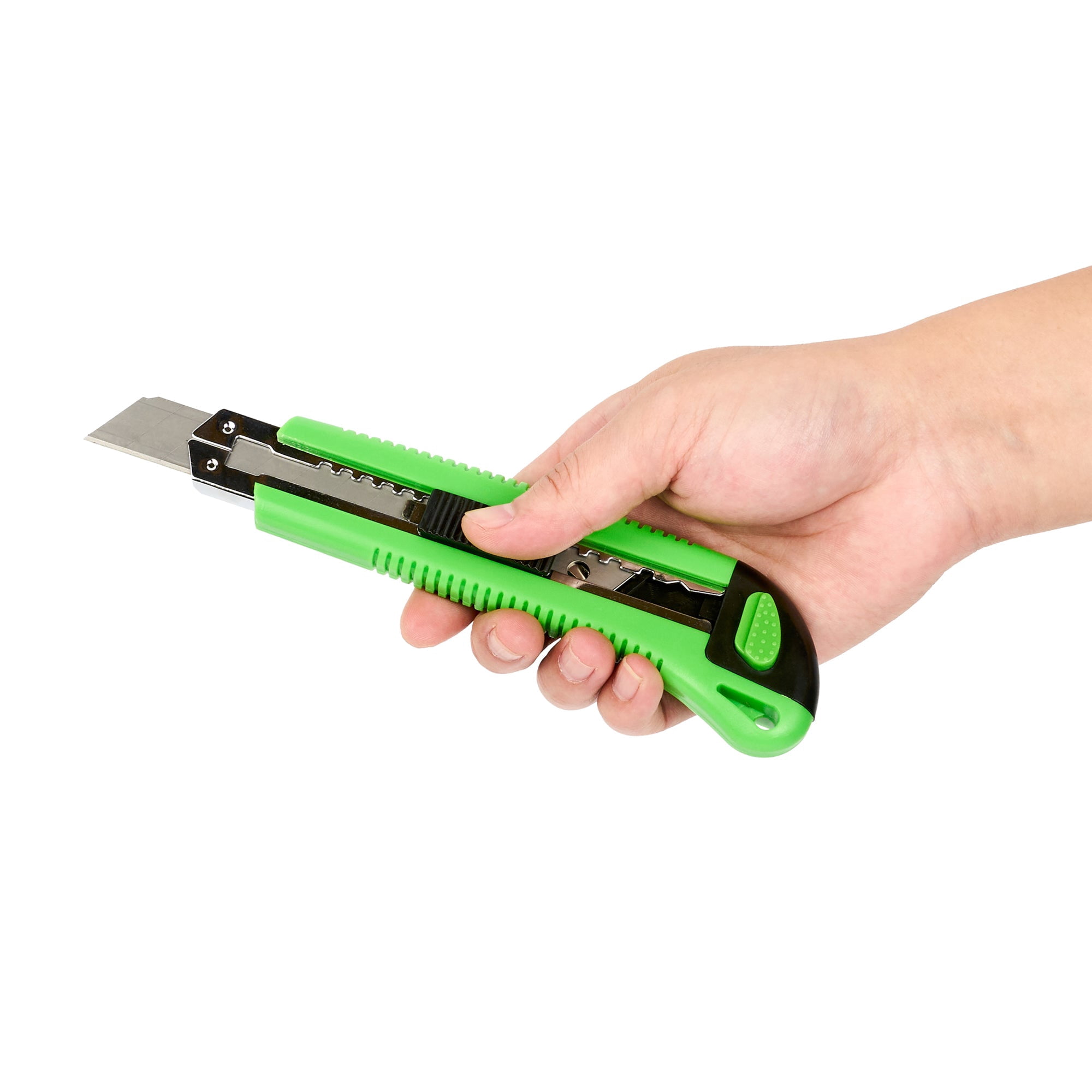 Restaurantware-Handy Tek 6.7 Inch Snap Off Blade Knives, 12 Retractable Box Cutters - Includes 36 Sharp Blades, 18mm Wide, Green Plastic Auto Loading Utility Knives, Built-In Lock, Ergonomic Handle