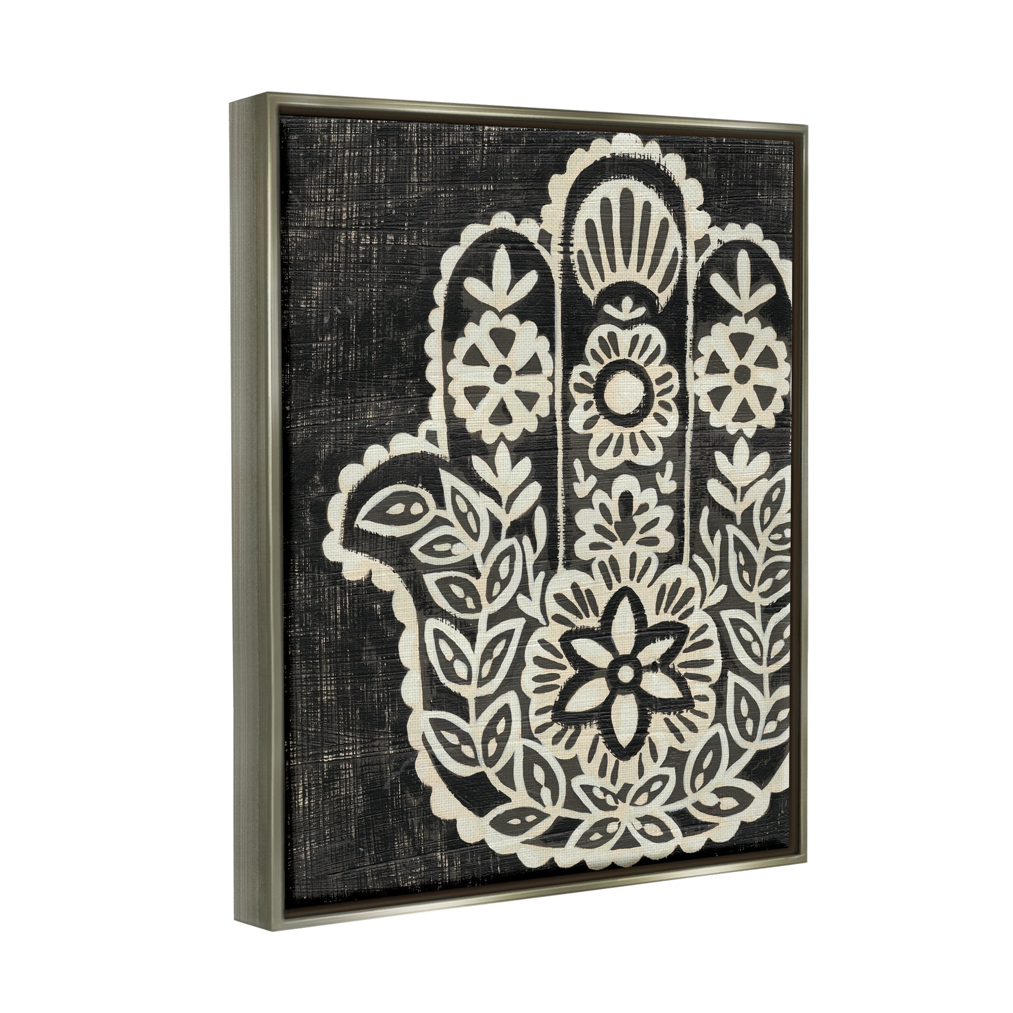 Stupell Industries Floral Pattern Black and White Hamsa Luster Gray Framed Floating Canvas Wall Art, 24x30, by Chariklia Zarris