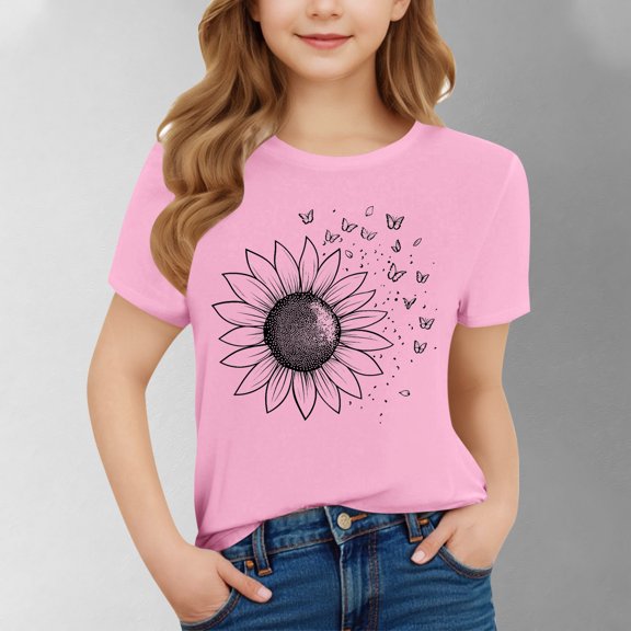 SGFCWSX Girls Short Sleeve T-Shirt, Kids Crewneck Graphic Regular Fit Casual Tops Pink Size 10-11 Years