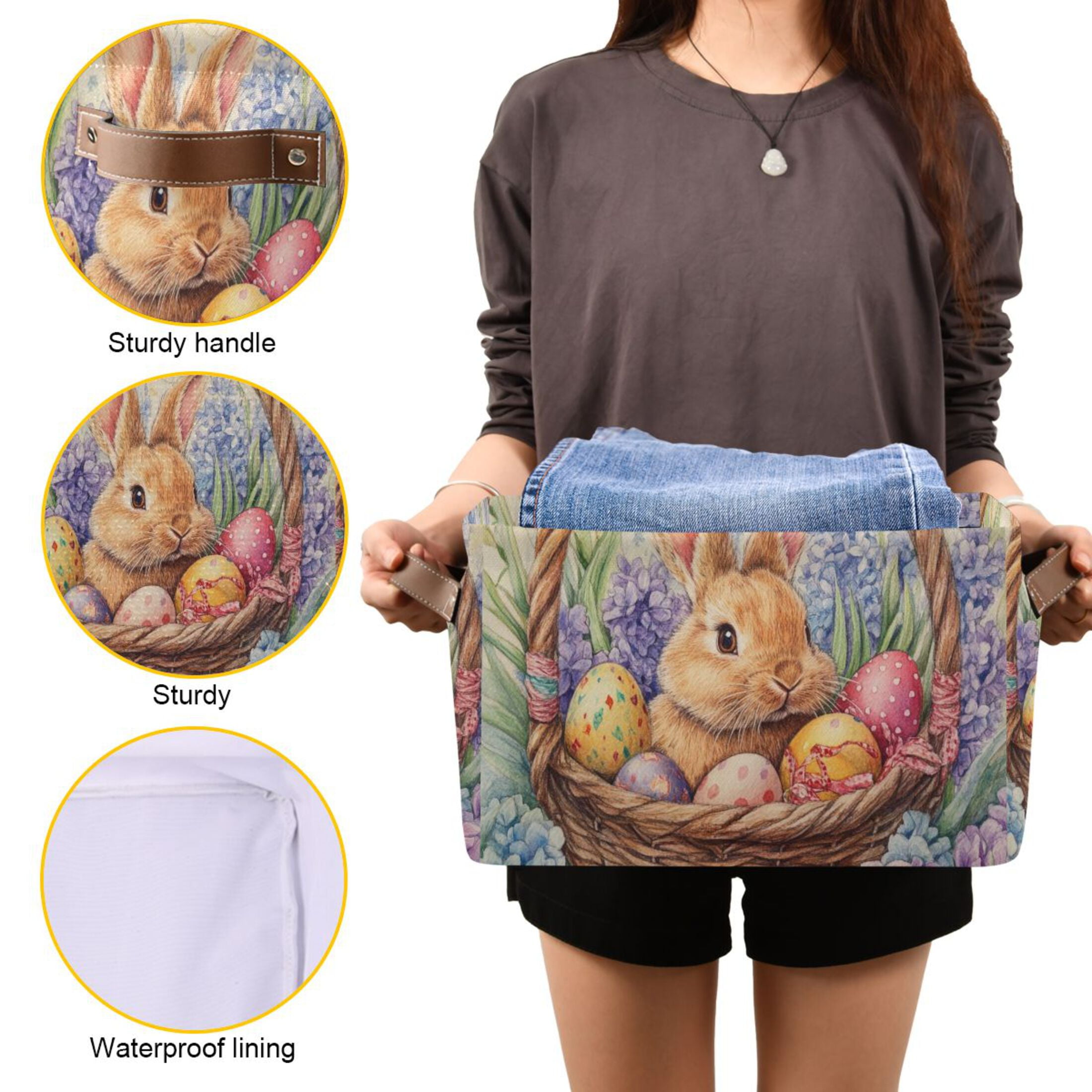 WOBOGO Easter Bunny Square Storage Basket with Waterproof Canvas and PE Lining Durable PU Leather Handles 14.2×10.2×8.3in