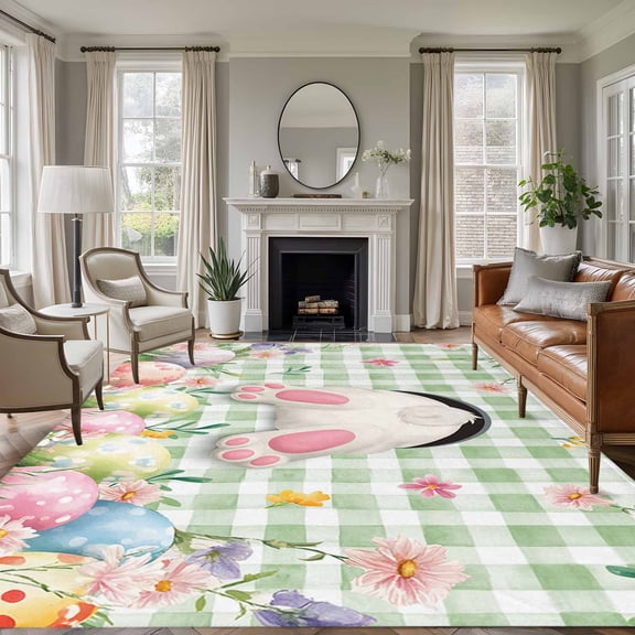 Large Area Rugs for Living Room Bedroom, Easter 6'x9' Rug Washable Carpet Runner Indoor Outdoor, Spring Rabbit Feet Wildflowers Eggs Green Lattice Non Slip Floor Mats Rug for Kitchen, Playroom