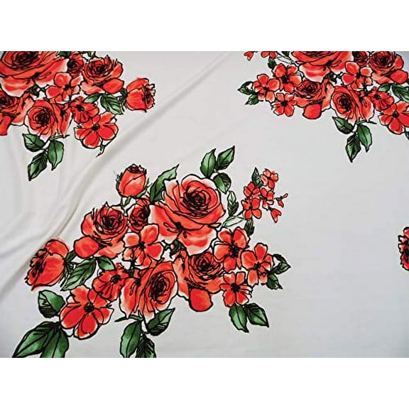 Printed Liverpool Textured 4 Way Fabric Stretch Red Pink Green Large Rose Floral I401