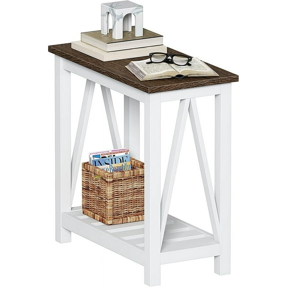 JL Farmhouse End Table, Narrow Side Table, Slim End Table with Storage Shelf for Small Spaces, Rustic Nightstand, for Living Room, Bedroom White