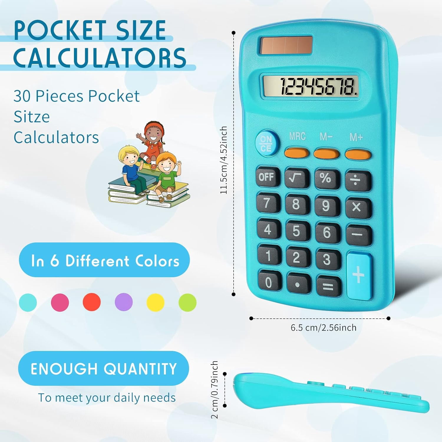 6 Pieces Small Basic Calculator Bulk 8 Digit Mini Solar Battery Dual Power Pocket for Kids Students Classroom Desktop Home Office, Standard Function Colors