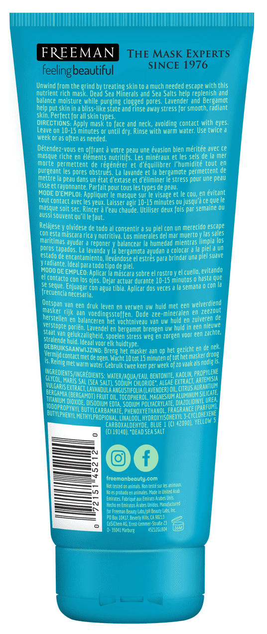 Freeman Dead Sea Minerals Anti-Stress Clay Facial Mask, Face Mask Balances Skin Moisture, Clears Pores, Made With Lavender and Bergamot For All Skin Types, 6 fl. oz./175 mL Tube