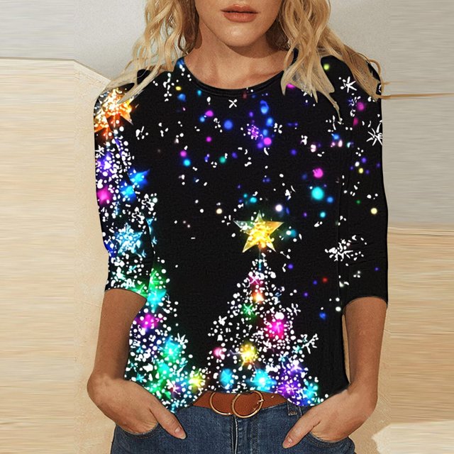 QIPOPIQ Hauts à Manches 3/4 pour Femmes Col Rond T-Shirts de Noël Chemises Décontractées Coupe Ample Blouses en Liquidation
