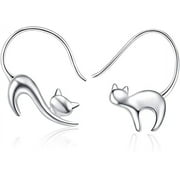 esafio Cat Dangle Earrings 925 Sterling Silver Pull Through Animal Cat Hoop Earrings for Women Holiday Gift