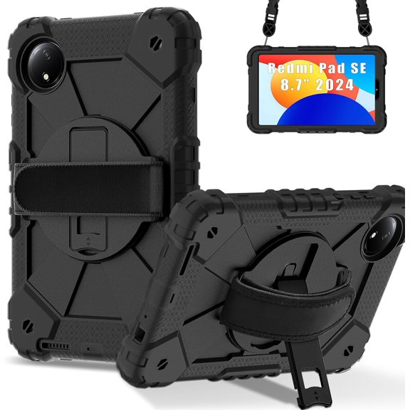 SOATUTO Case for Xiaomi Redmi Pad SE 8.7 4G 2024, Heavy Duty Cover Shockproof Anti-Drop Case Kickstand Shoulder Strap for Redmi Pad SE 8.7inch 4G (Black/Black)