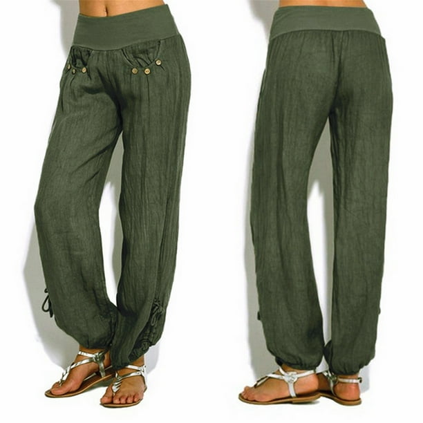 Puntoco moda mujer botones sólidos algodón y lino pantalones sueltos casuales pantalones de pierna ancha Puntoco Puntoco-5632