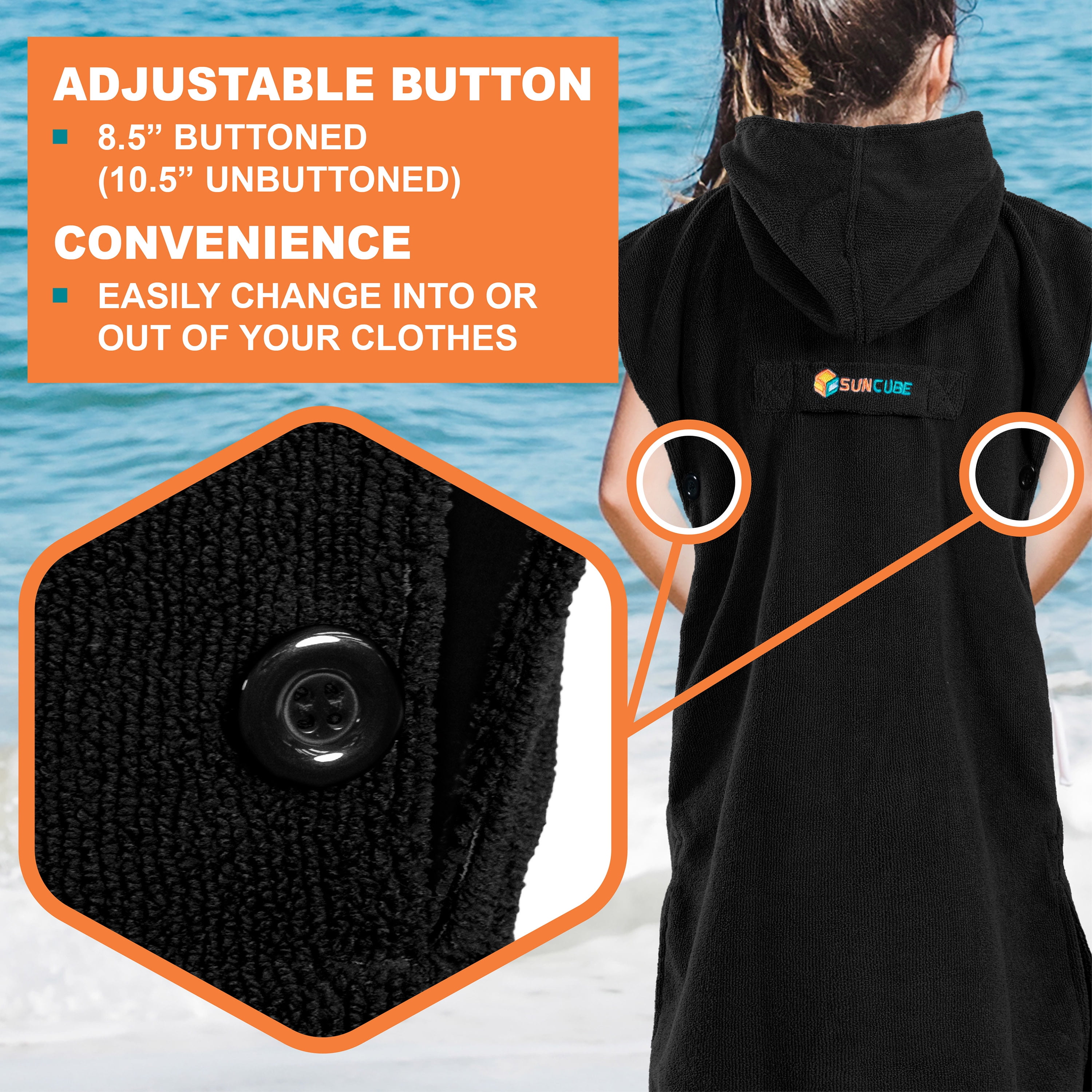 SUN CUBE Kids Changing Robe Surf Poncho, Kids Beach Towels, Hooded Towel For Toddler Bath Pool, Microfiber Quick Dry Wearable Towel Poncho with Hood, Swim Towel for Boys Girls 3-7 Years, Black