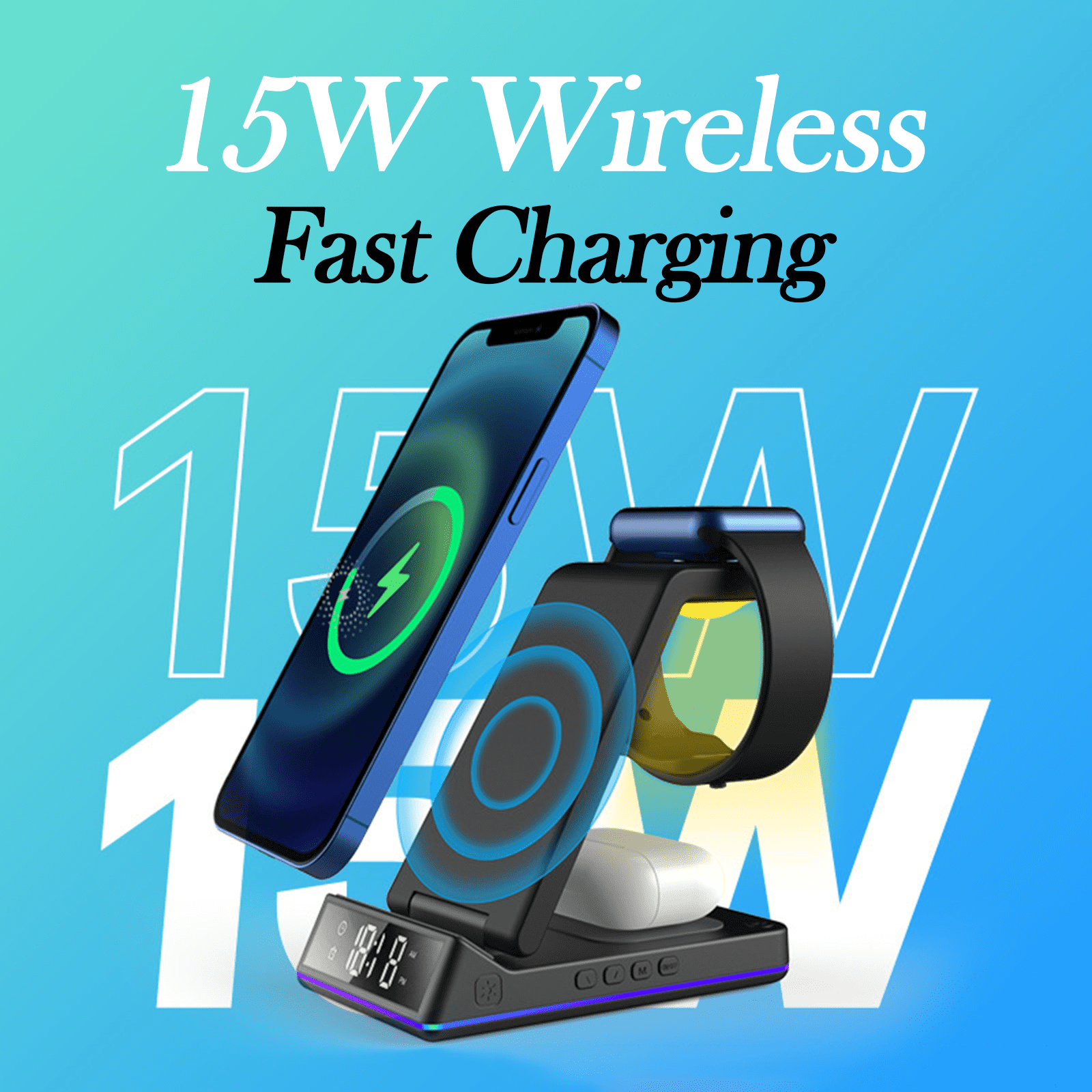 5-in-1 Wireless Charging Station - Fast 15W Qi Charger for iPhone, Apple Watch & AirPods - Foldable Design
