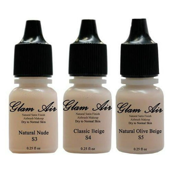 Glam Air Water Based Airbrush Makeup Foundations Satin S3 Natural, S4 Classic Beige, S5 Natural Olive Beige Makeup - 0.25 Oz - Set of Three (3)