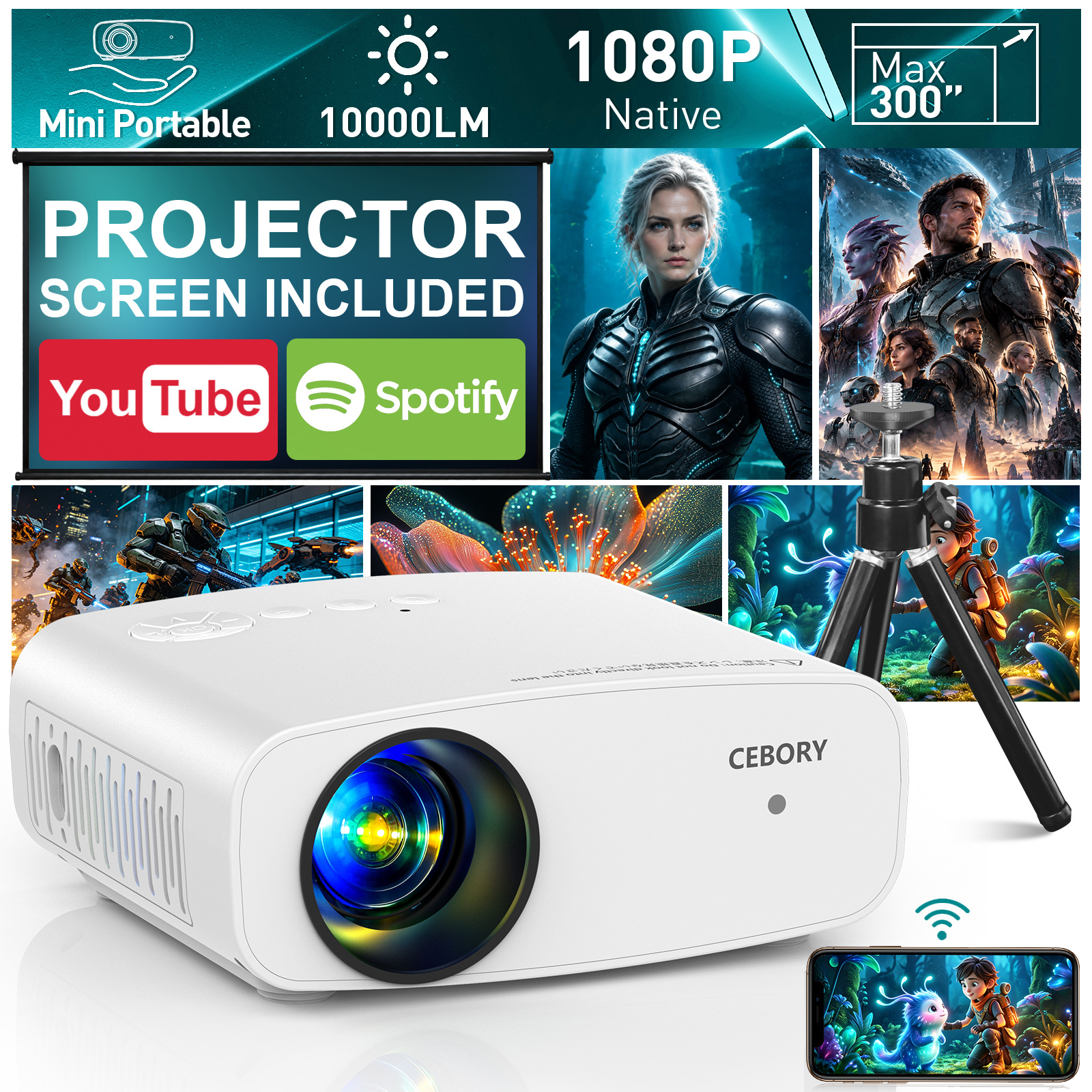 CEBORY 1080P Full HD WiFi Projector with Tripod & Screen