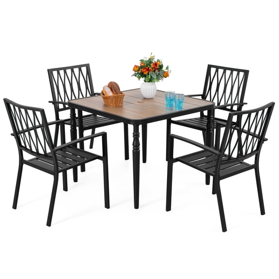 Nuu Garden 5-Piece Patio Table and Chairs Sets for 4, Outdoor Dining Set with 4 Metal Stackable Chairs and 37" x 37" Square Metal Frame Table with Wood-Grain Tabletop and Umbrella Hole, Black