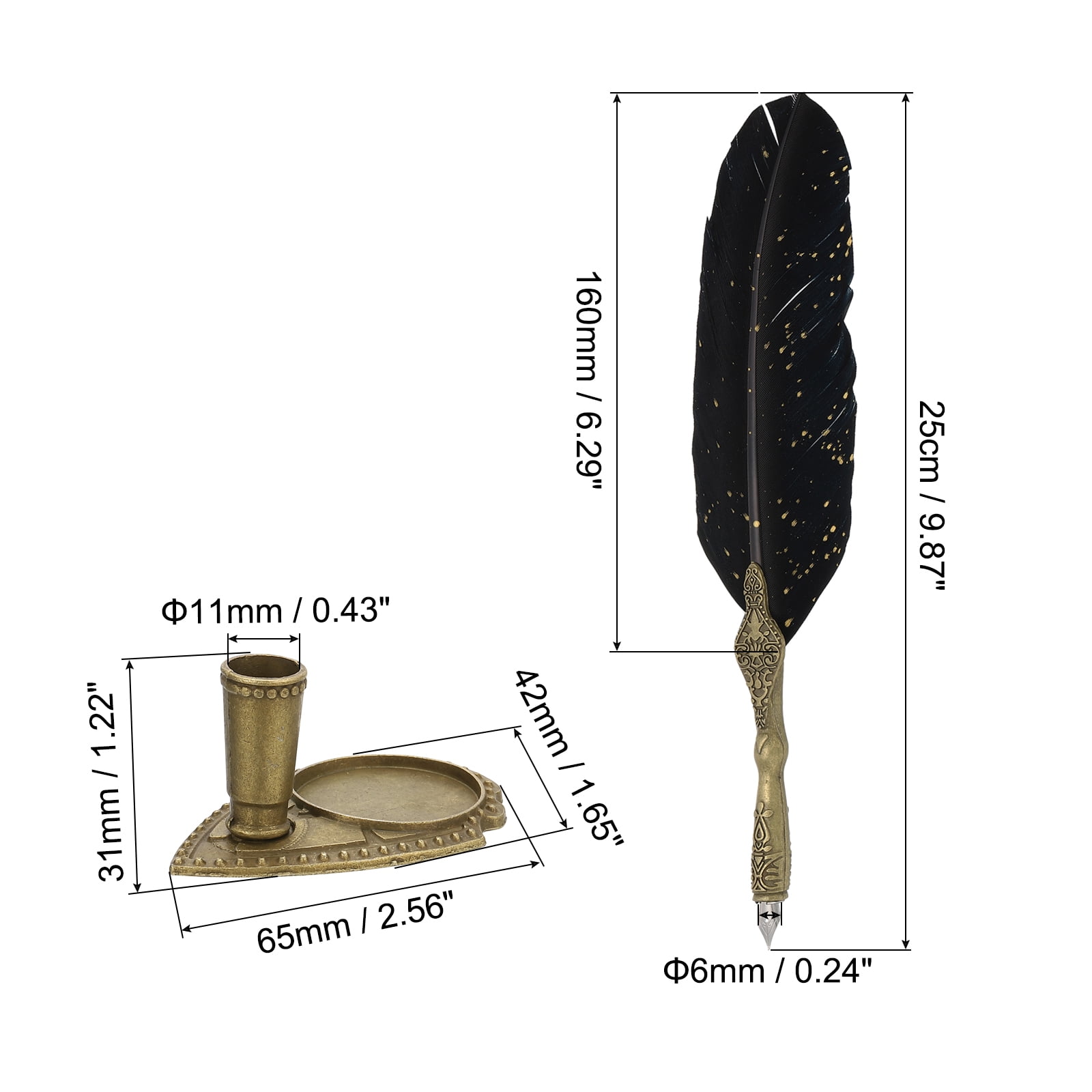 Uxcell 25cm/10" Feather Pen Set with Ink Set 2 Replacement Nibs Stand Base, Black