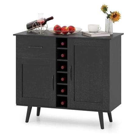 Wine Bar Cabinet, Buffet Sideboard with 2 Doors & 1 Drawer, 6-Bottle Wine Rack, Adjustable Shelves, Cupboard with Storage for Kitchen, Living Room, Black