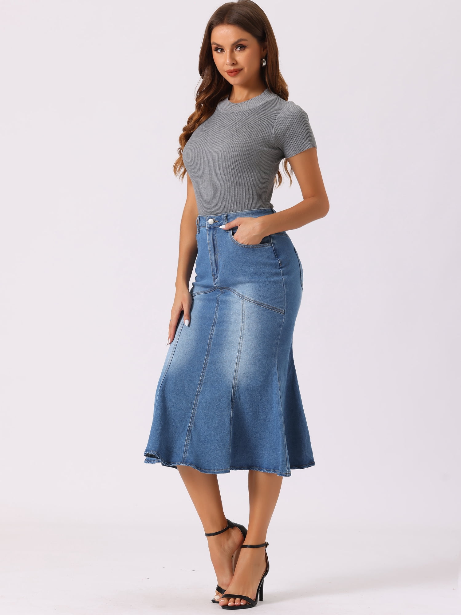 DARING DIVA Fishtail Denim Skirt Women's Washed Midi Jean Bodycon Skirt M Sky Blue