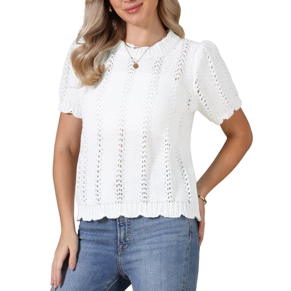 DARING DIVA Women's Crochet Knit Top Short Sleeve Crew Neck Eyelet Embroidery S White