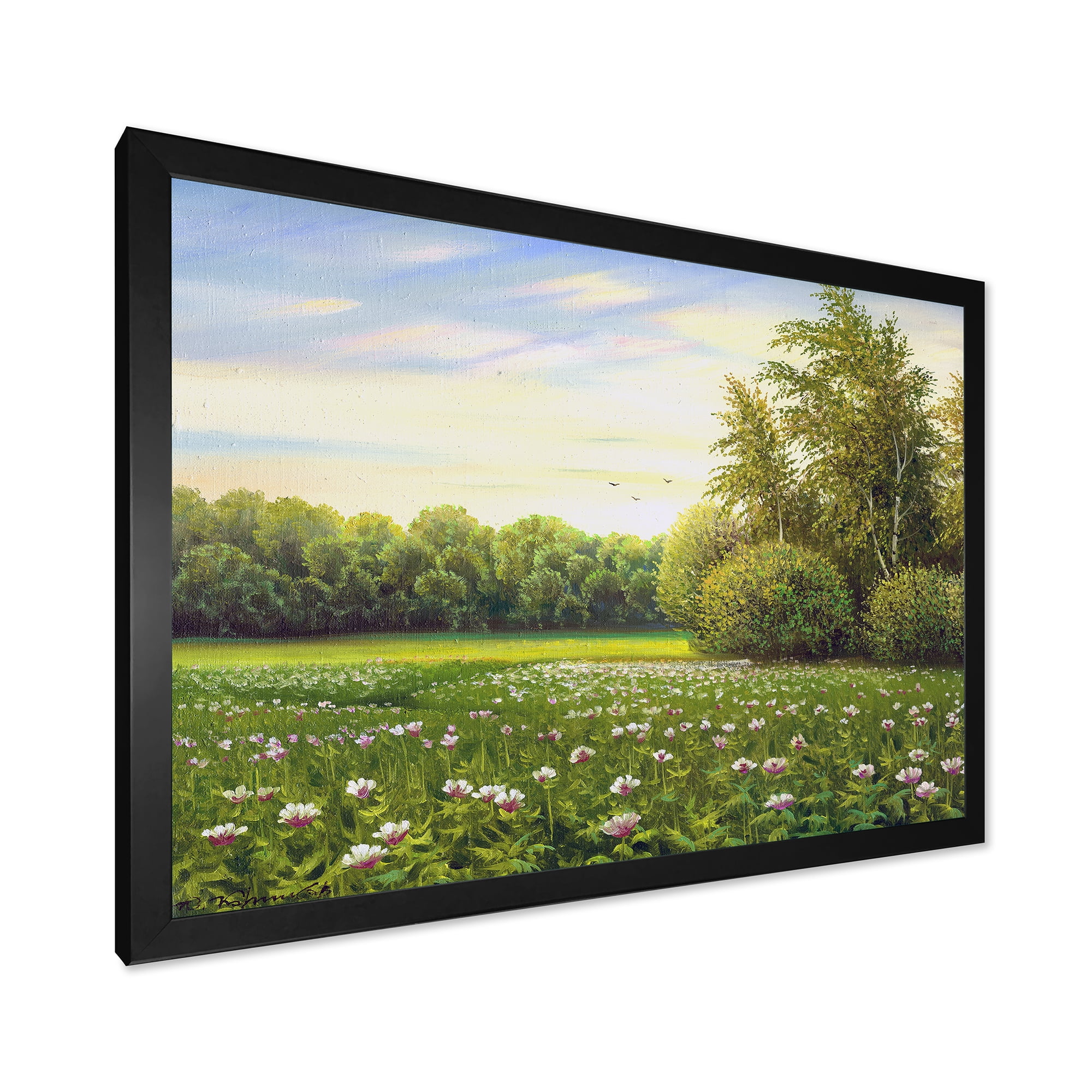 Spring Trees By The Flowers and Meadows 32 in x 24 in Framed Painting Canvas Art Print, by Designart