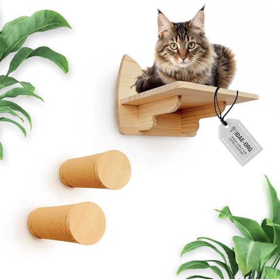 Cat Wall Shelves Set of 3 – Solid Wood Cat Shelf with 2 Wall Steps - Modern Climbing Furniture for Large Indoor Cats - Space-Saving Natural Perch Set