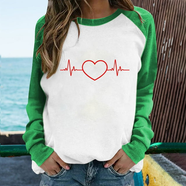 Pisexur T-Shirts Raglan pour Femmes Saint-Valentin avec Cœur Graphique, Col Rond, Ajusté, Patchwork Imprimé