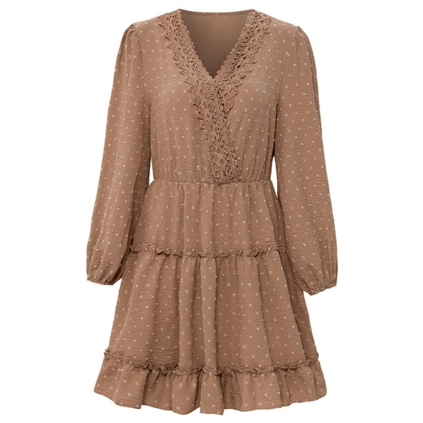 Vestido de mujer de manga larga con cuello en V vestido de túnica mini vestidos, cintura alta un vestido de línea, regalo para las mujeres