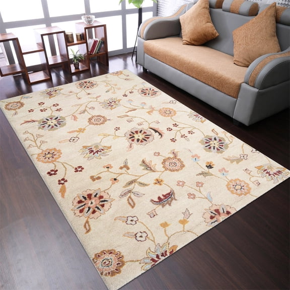 Rugsotic Carpets Hand Tufted Wool Eco-Friendly 3'x5' Area Rugs Rectangle Cream Floral Modern High Pile Thick Handmade Anti Skid Indoor Rug for Living Room, Bedroom K00708
