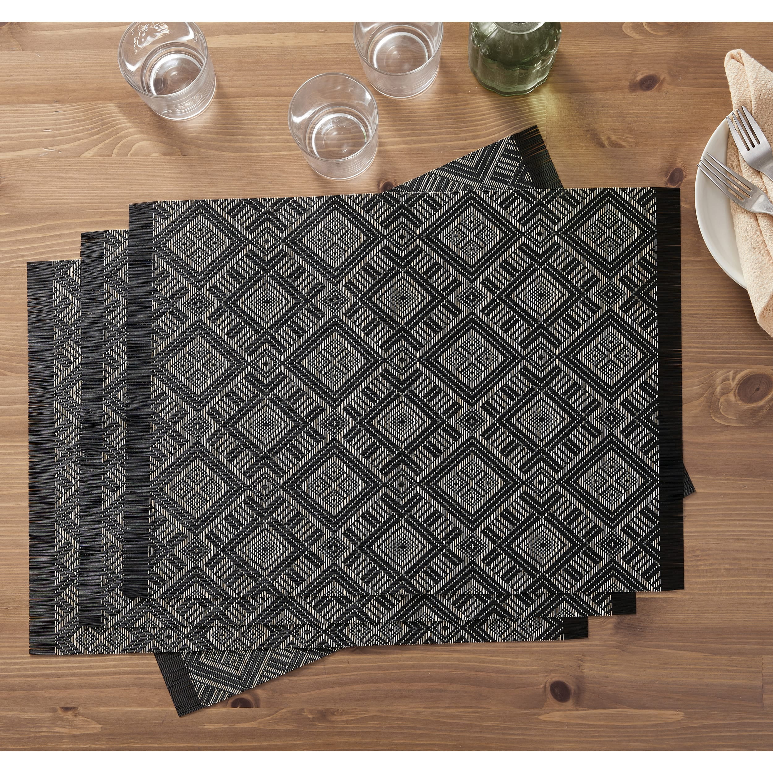 B. Smith Vinyl Woven Diamond Print Placemats, Black and Ivory (4 Pack) , 13" x 18"
