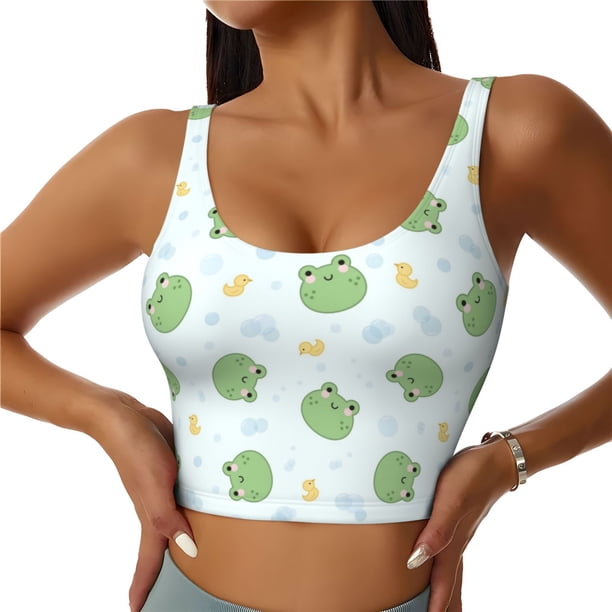 Fotbe Kawaii Frogs Sujetador Deportivo Largo sin Aros para Mujer con Almohadillas y Soporte Medio, Transpirable y Absorbente, Camiseta Tipo Chaleco o Tank Top-Medium