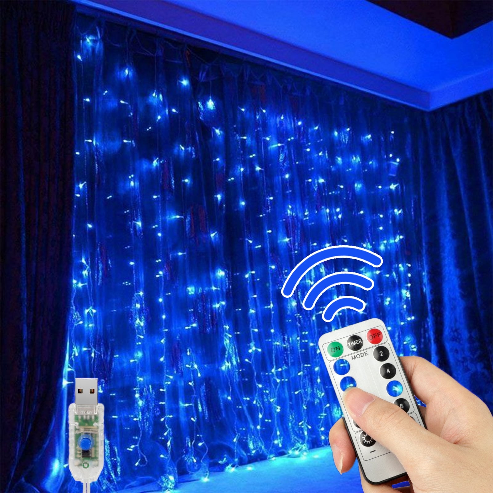 Blue 3x3m 300LED Curtain Lamp Copper Wire Fairy String Light Party Decor  IP42 