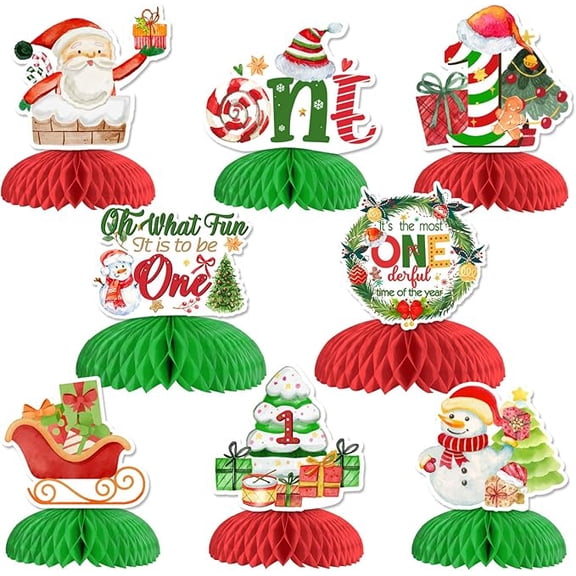 Christmas First 1st Birthday Decorations, 8pcs Christmas Honeycomb Centerpieces for Oh What Fun It Is to Be On And It's The Most Onederful Time of The Year Xmas Winter Holiday 1st Birthday