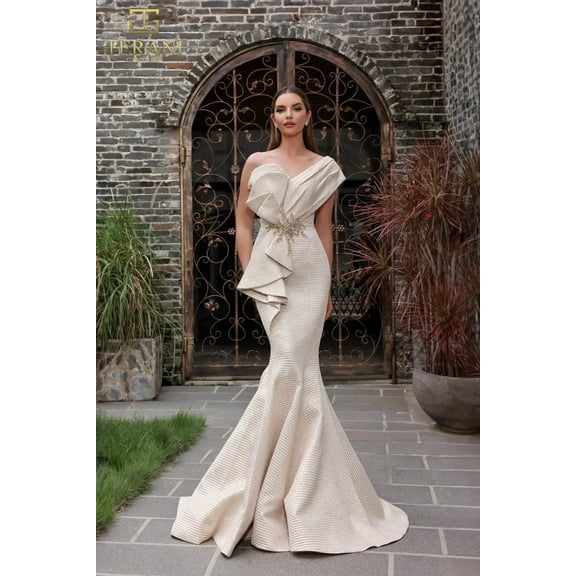 Women's Terani Couture 251e4201 Jacquard Assyemtric Sleeveless Trumpet Dress Champagne Goldish Beige 6