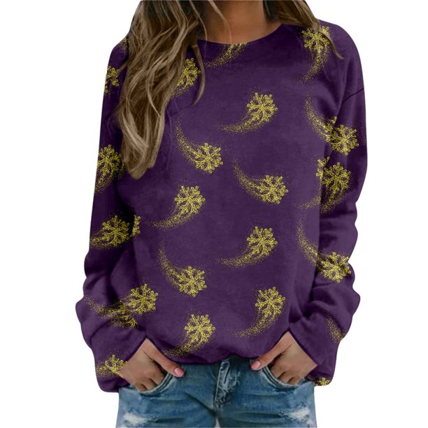 Gibobby Sudaderas para mujer Blusa de sudadera estampada con cuello redondo y manga larga para entrenamiento diario en casa y al libre para mujer(Morado,G)