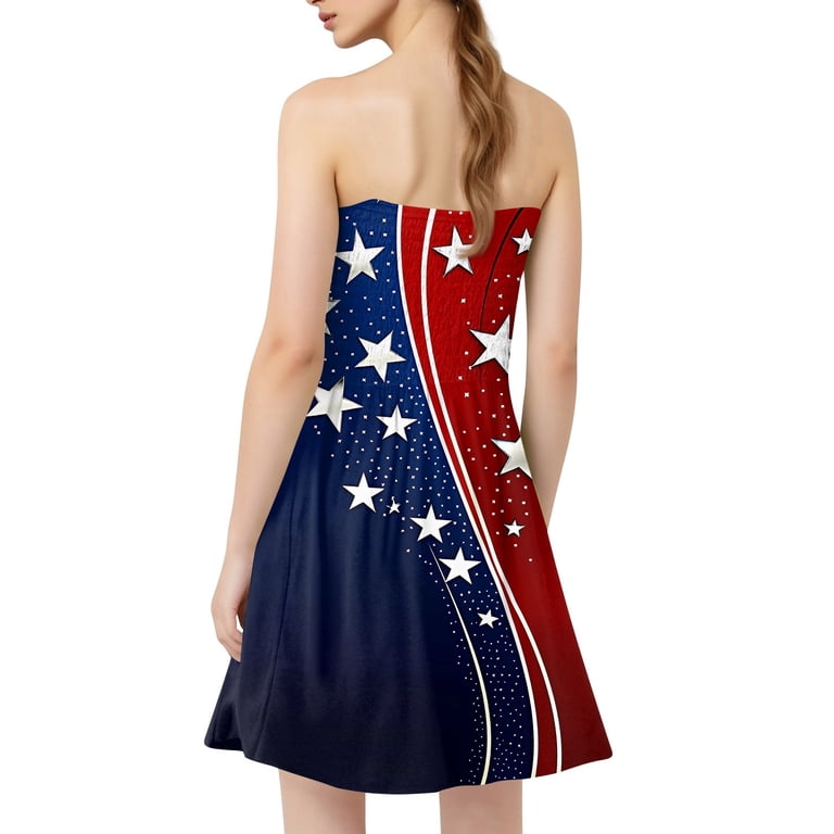 Women's Casual Bandeau Dress with 4th of July Print, Sleeveless Summer Tank Dress with Ruffle Hem, Stylish Outfit for Festive Occasions,Dark Blue L