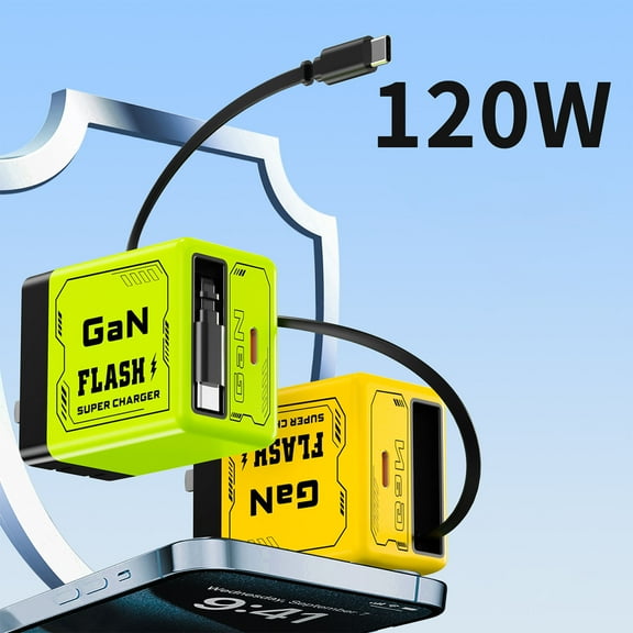 2-in-1 GaN 120W Fast Charger with Retractable Type-C, Portable Fast Charging Wall Plug Scalable Fast Charger Module for Phone and Lapt, Fast Charging Power Adapter for Smartphone (Yellow)
