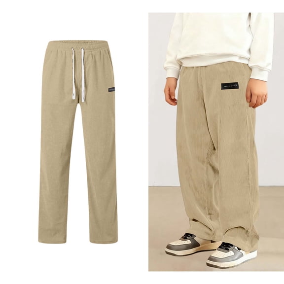 Boys Casual Pants Corduroy Elastic Waistband Khaki Pants Straight Leg Loose Lounge Pants Boys Pants 13-14 Years
