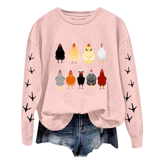 Aocisk Chandail à Capuchon Surdimensionné pour Femmes à Manches Longues, Col Rond, Imprimé « Chicken Mom », Chandail Léger et Ample, Haut Décontracté Rose Pâle L