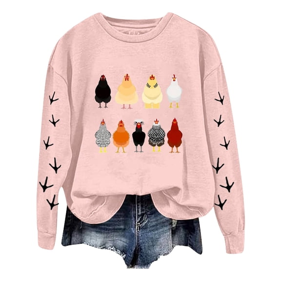 WEIWEN Thanksgiving Sweaters for Women Cute Chicken Printed Long Sleeve Shirts for Women Trendy 2026 Christmas Farm Chicks Fall Outfits Women's Fashion Clothing Light Pink, S