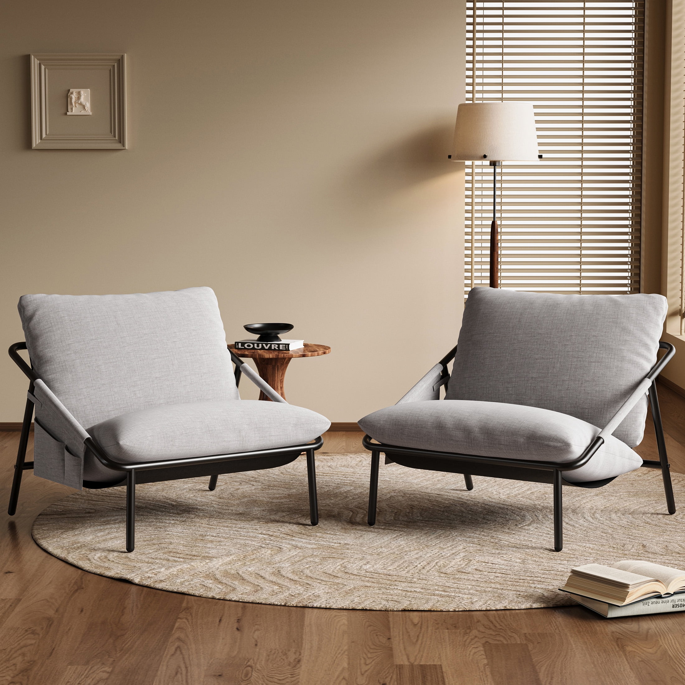 Techmilly Grey Sling Accent Chairs Set of 2, Modern Accent Chairs Reading Chairs for Living Room, Black Metal Armchair with Comfortable Cushion for Reading Room Office, Light Grey Linen